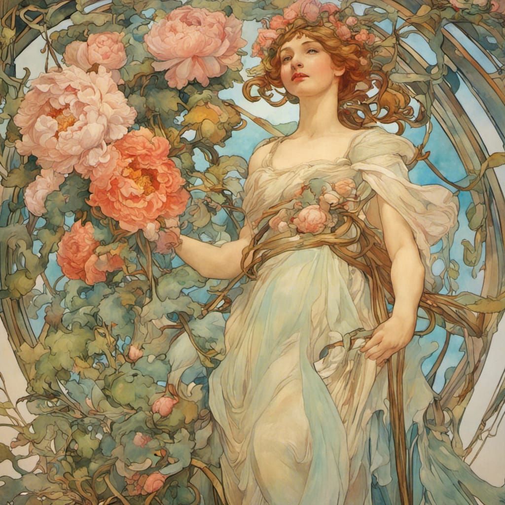 Art Nouveau Maypole Painting with Peonies