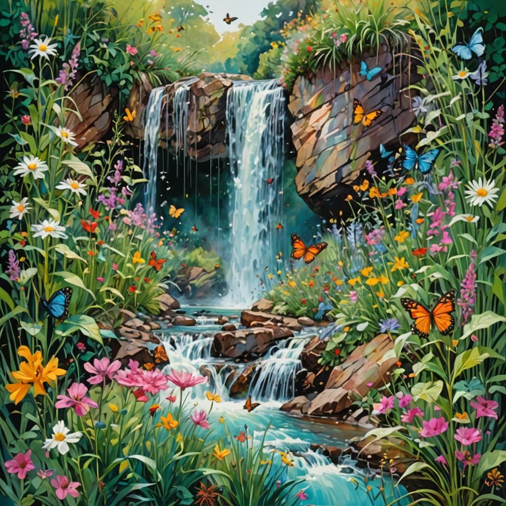 Waterfall Garden Scene in Open Impressionism Style