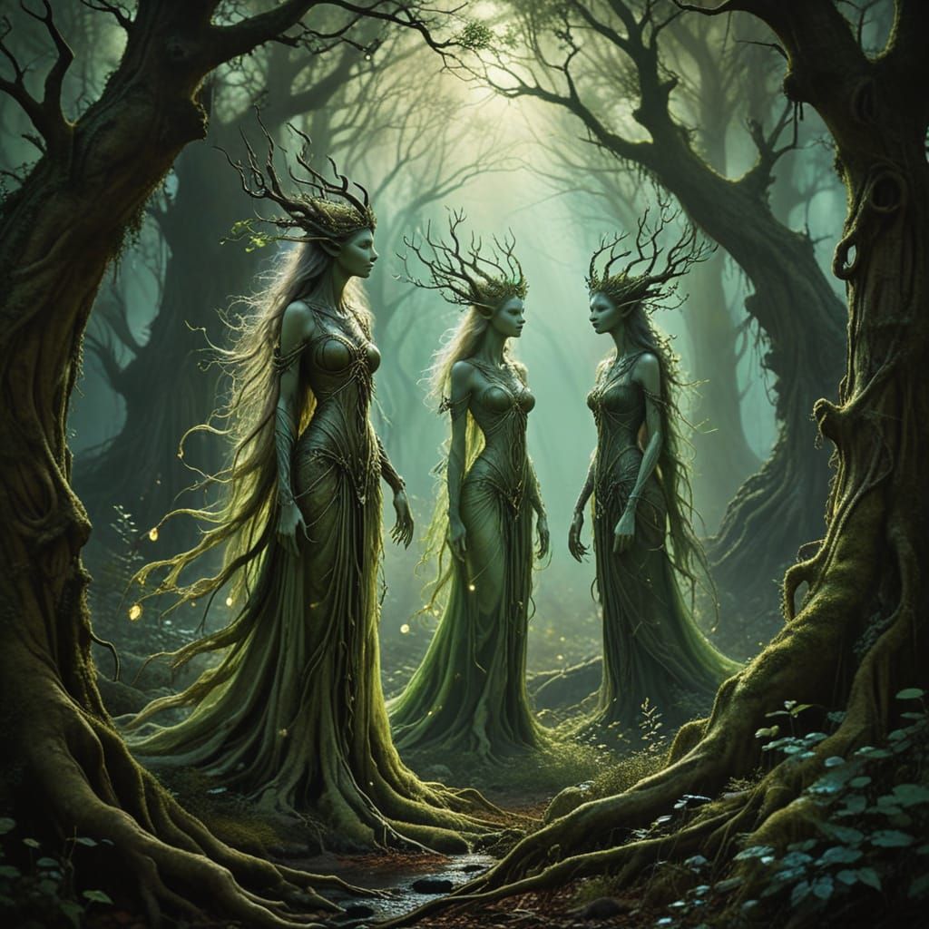 Whimsical Tree Spirits Dance in Enchanted Woods