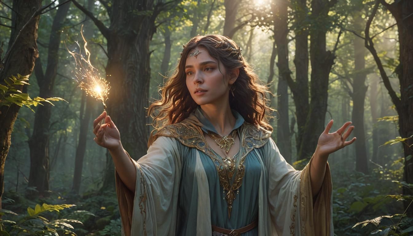 Mystical Sorceress Casting Spell in Art Nouveau Style