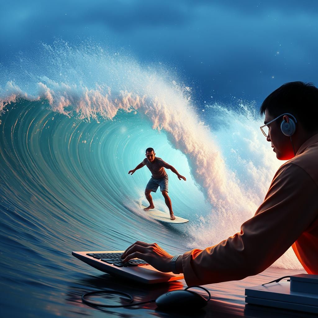 Surfing Scientist with PC in Moebius Style