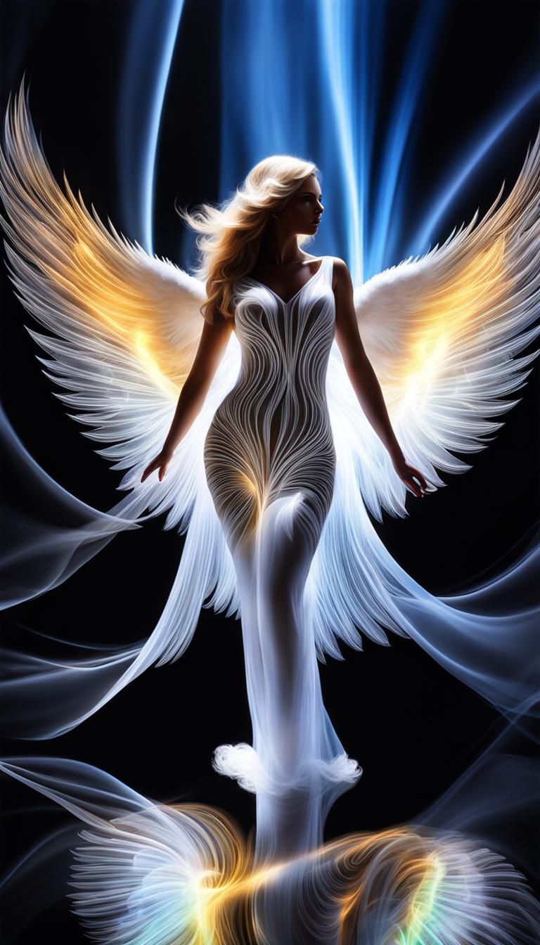 Angelic Smoke Silhouette over Cyberpunk Cityscape