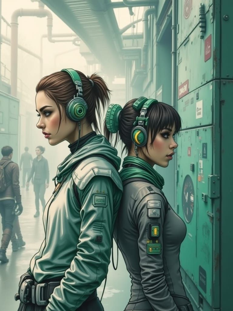 Cyberpunk Couple in Industrial Green Hallway