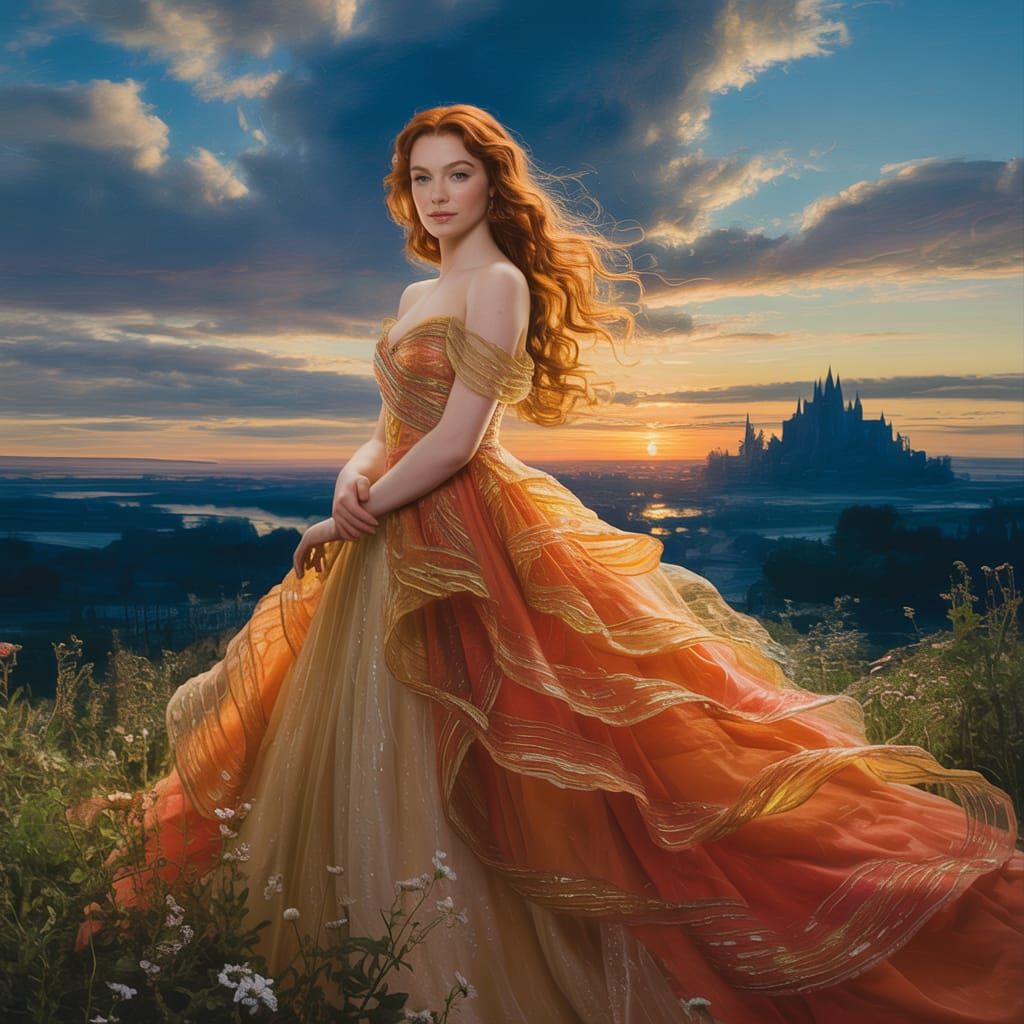 Painterly Portrait of a Woman in Sunset Gown