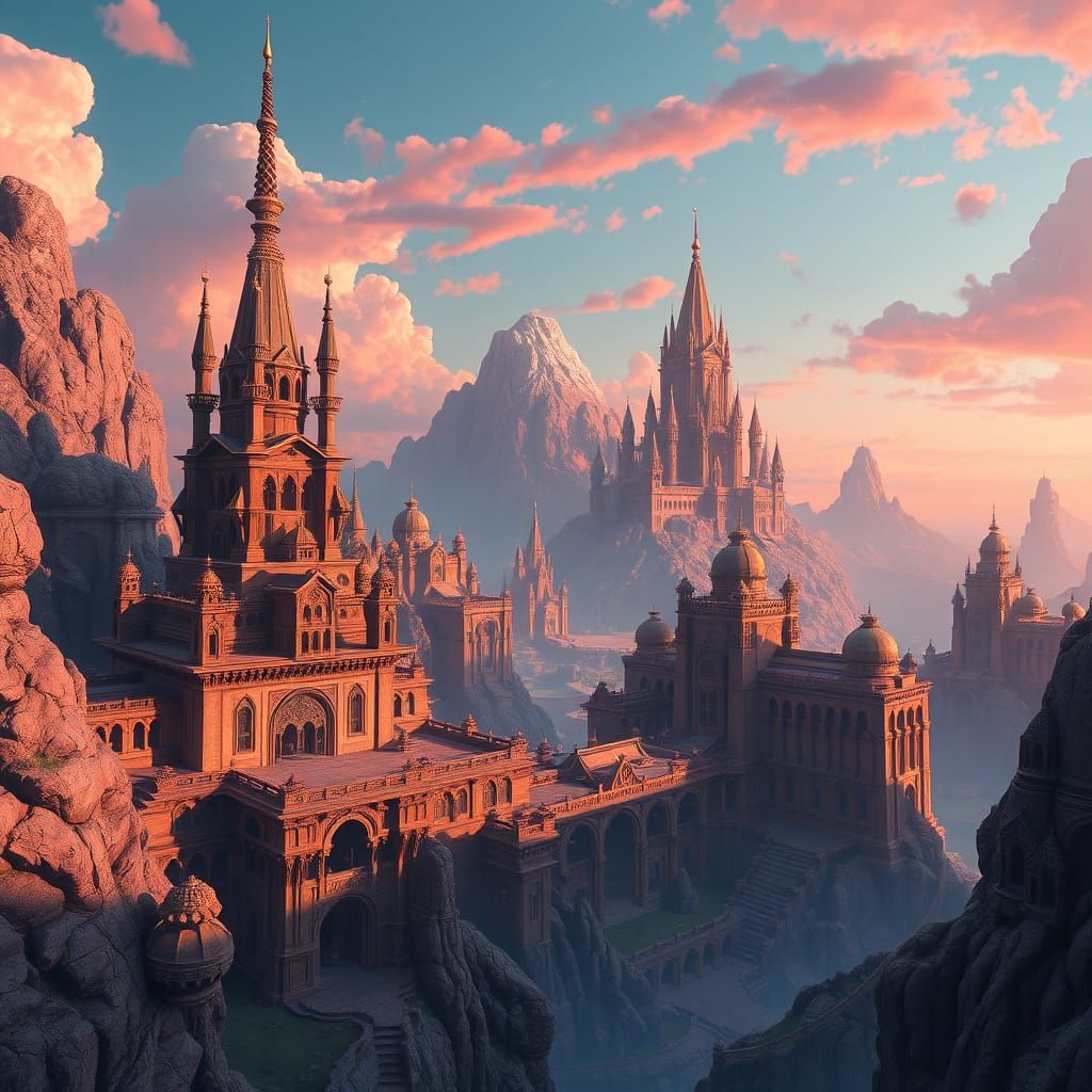 Fantastical Realm With Intricate Architecture and Vibrant Co...