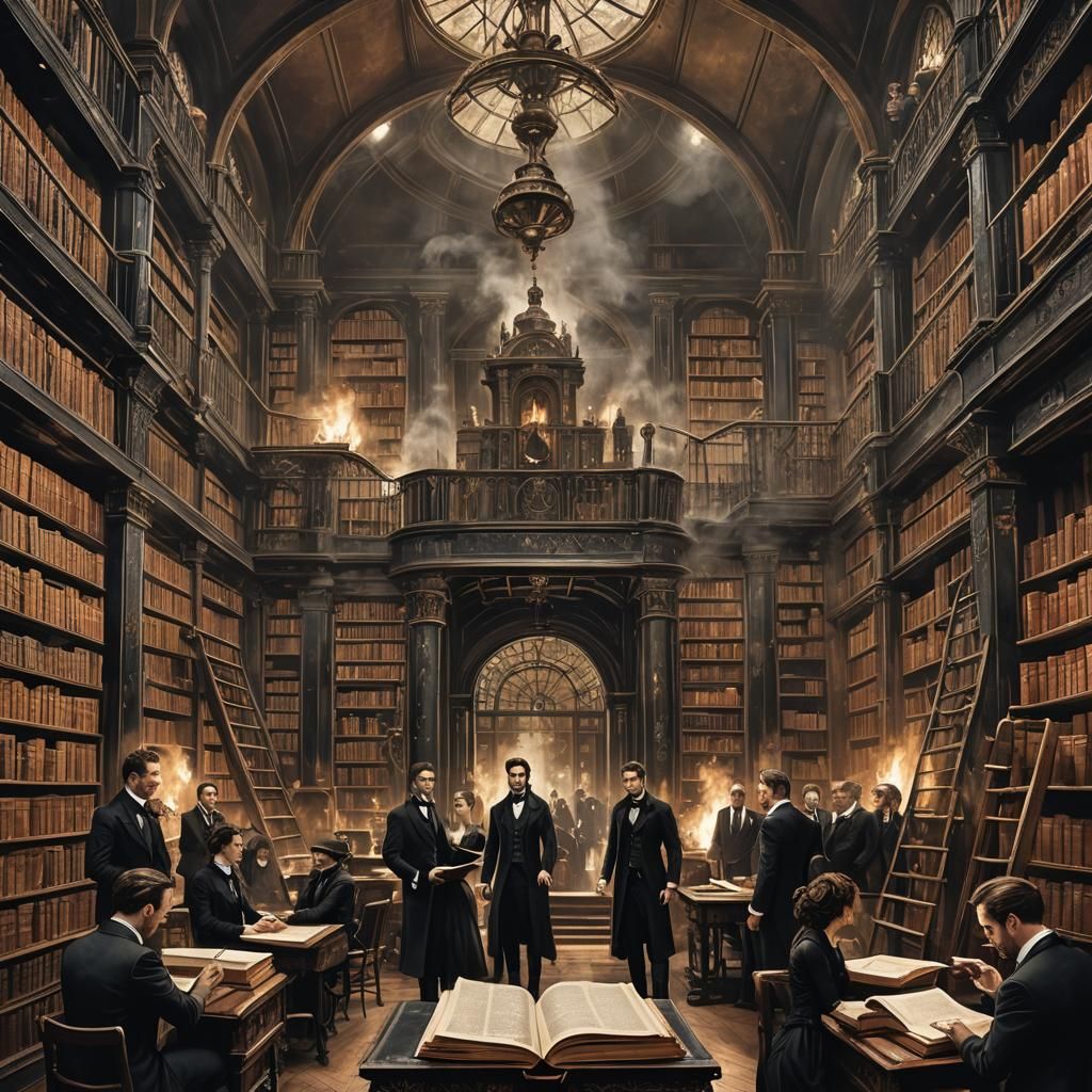 Steampunk Library: Floating Book in Gothic Mansion