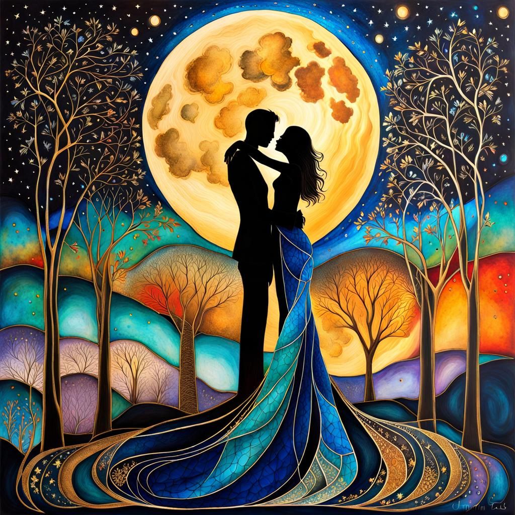 Lovers Embracing Beneath a Silhouetted Moon