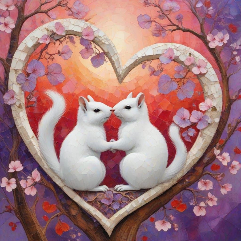 Cute White Squirrels in a Romantic Sunset Scene