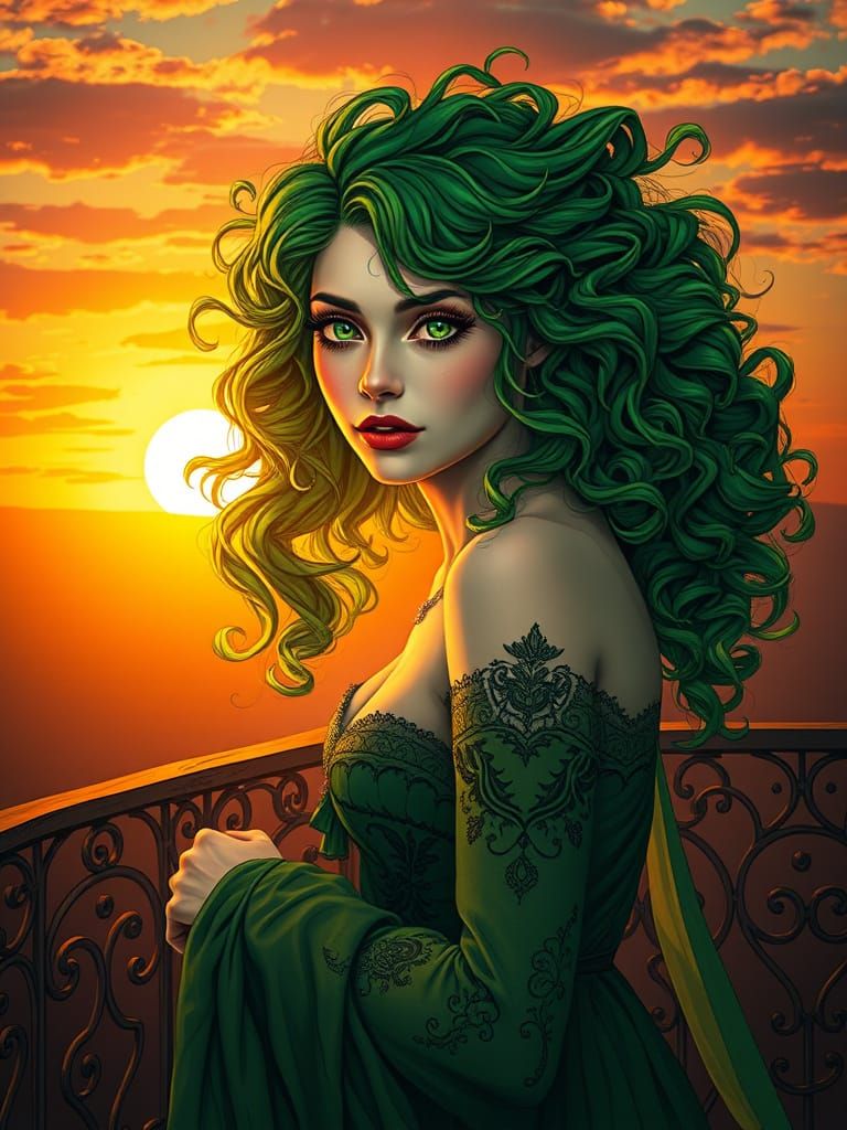 wunderschöne mysteriöse Frau mit grünen gewellten haaren