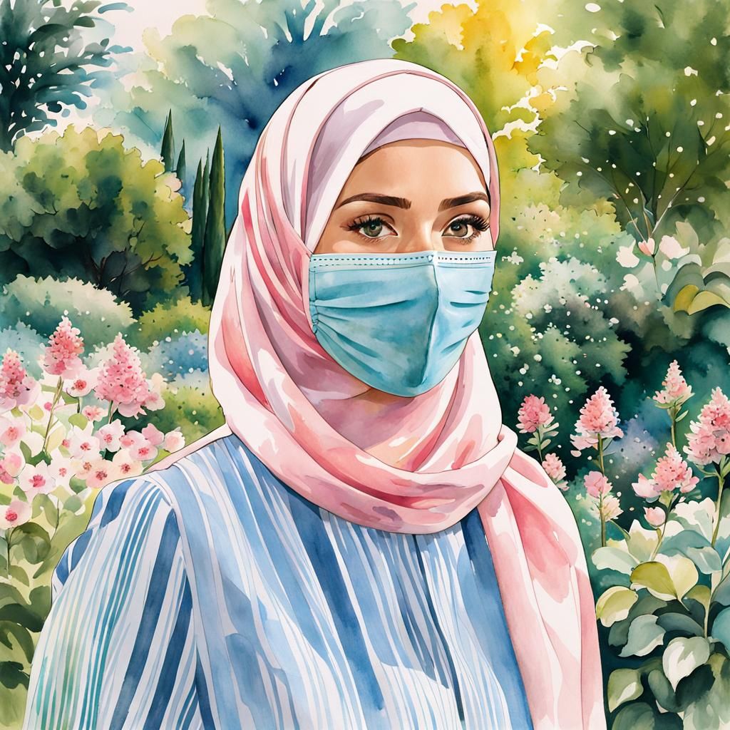 Beautiful Woman in Hijab and Mask in Botanic Garden