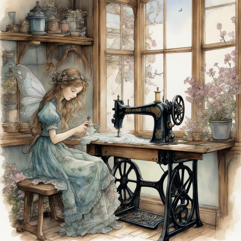 Girl Sews Fairy Dress: Detailed Watercolor Illustration