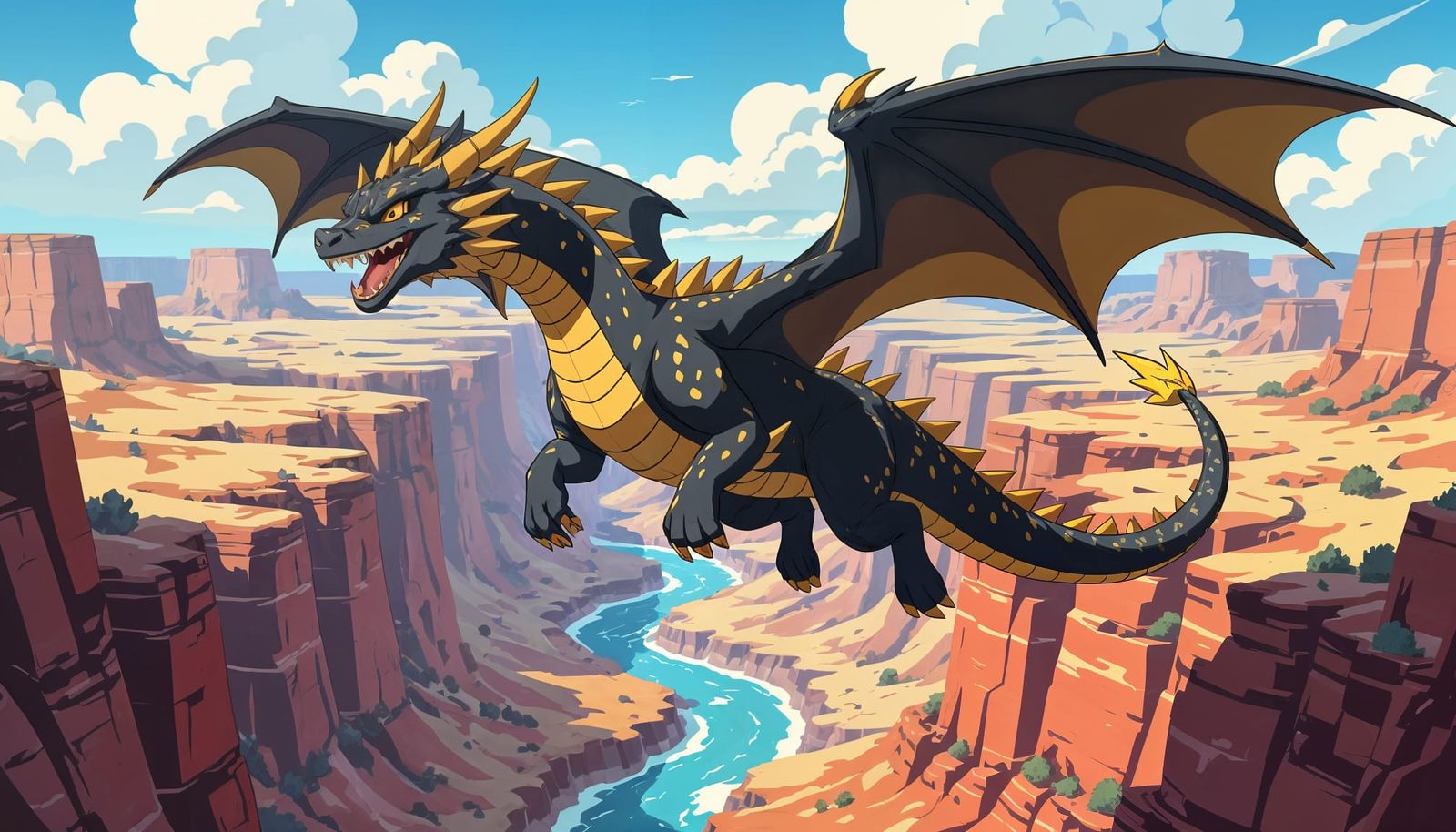 Fierce Dragon Soars Over River Canyon: 2D Cartoon