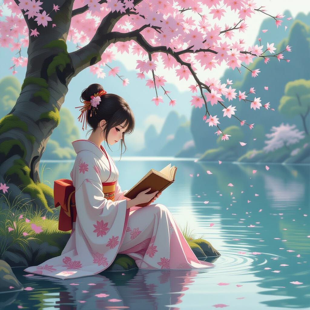 Anime Girl Reading by a Serene Lake