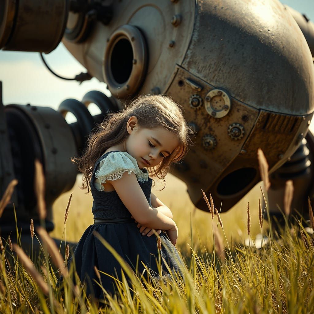 Girl Connects with Rusty Steampunk Robot in Sunlit Field