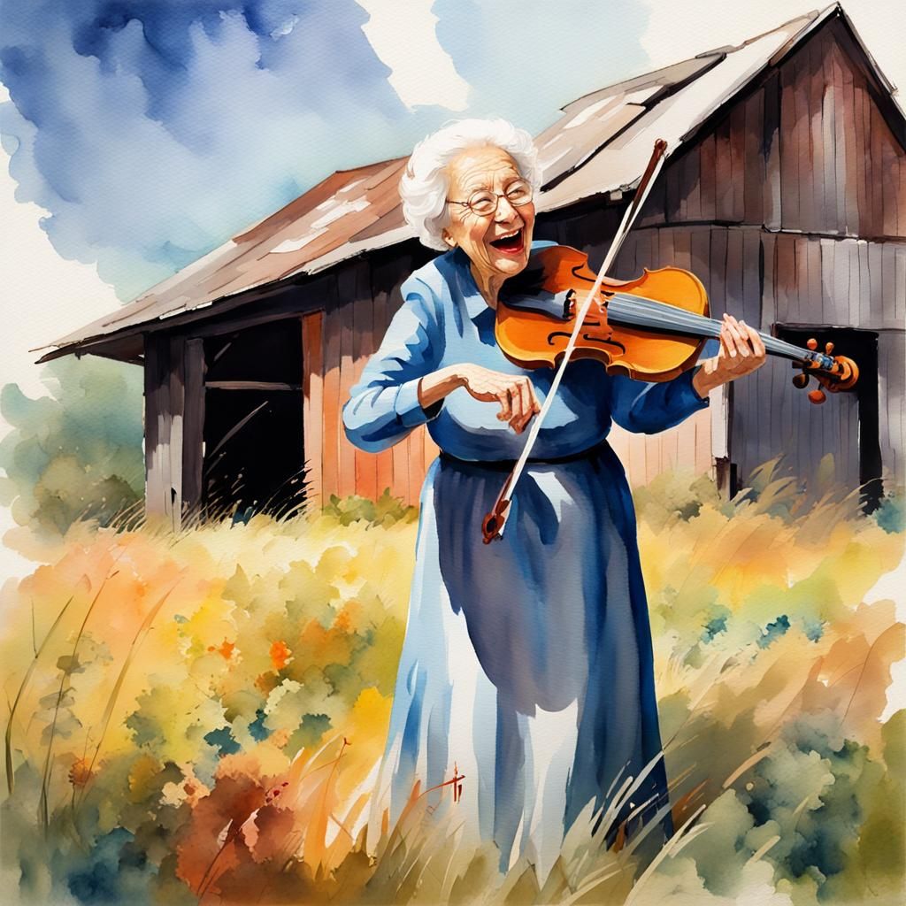 Joyful Old Lady Plays Violin in Watercolor Style