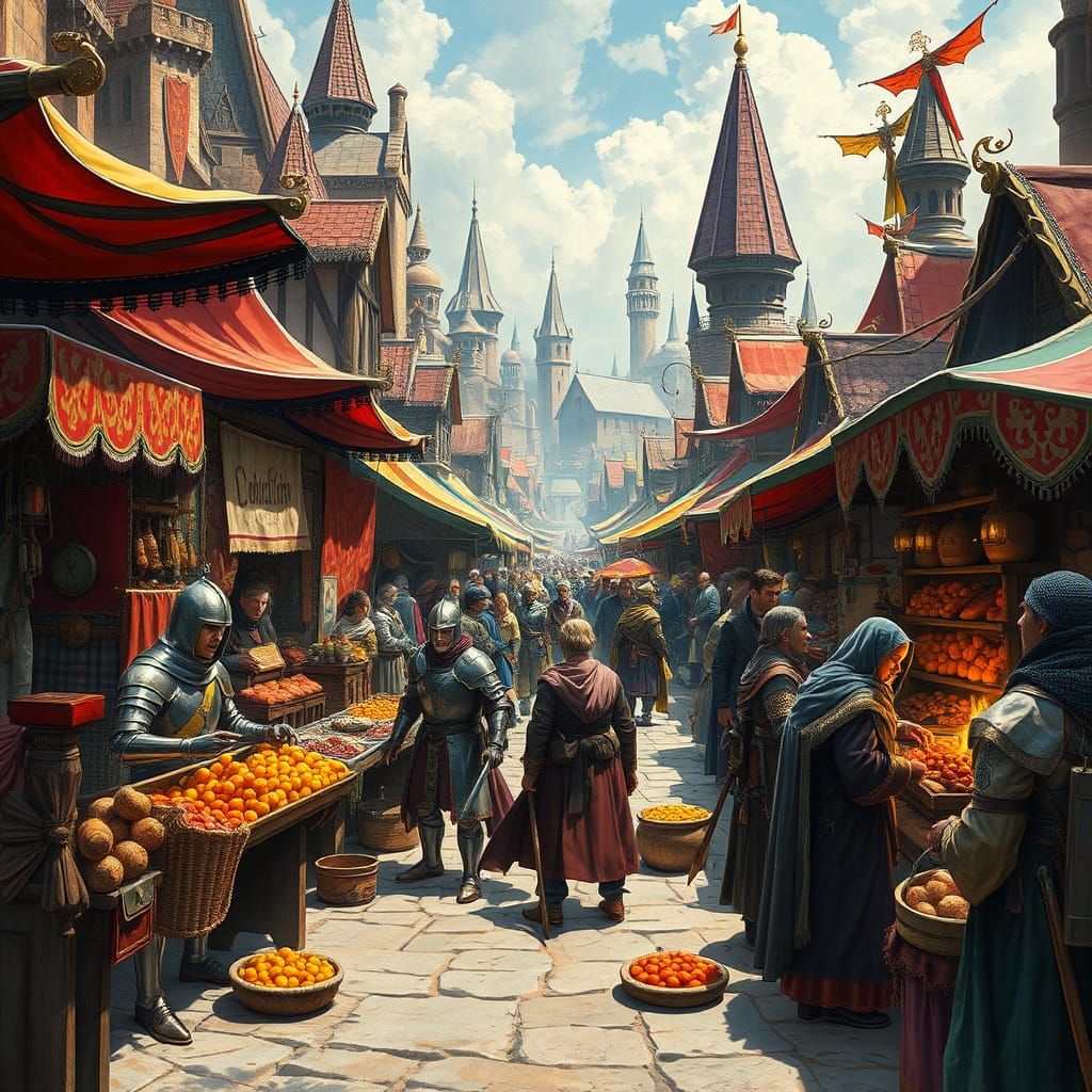 Medieval Fantasy Marketplace Scene with Knights and Mages