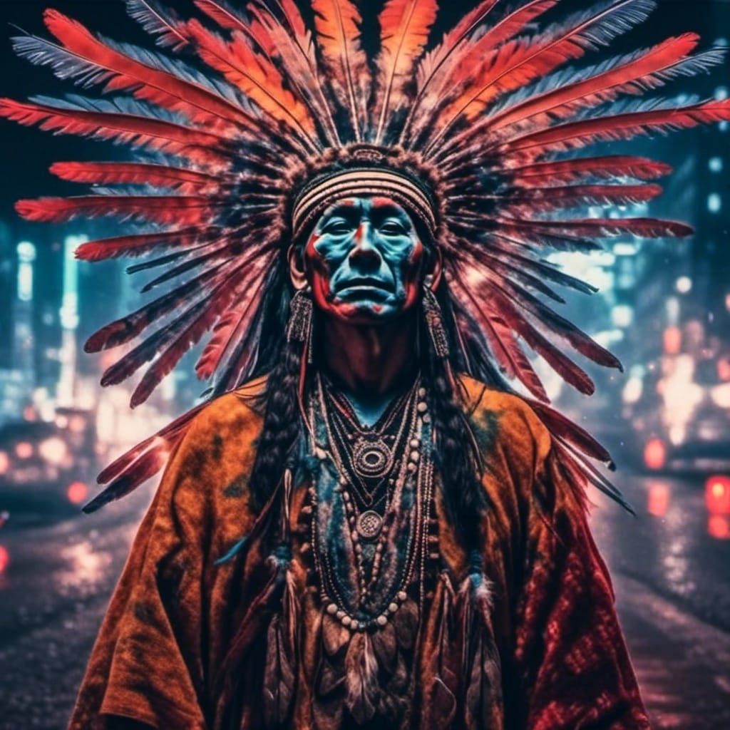 Native American Shaman Double Exposure with Tokyo Night