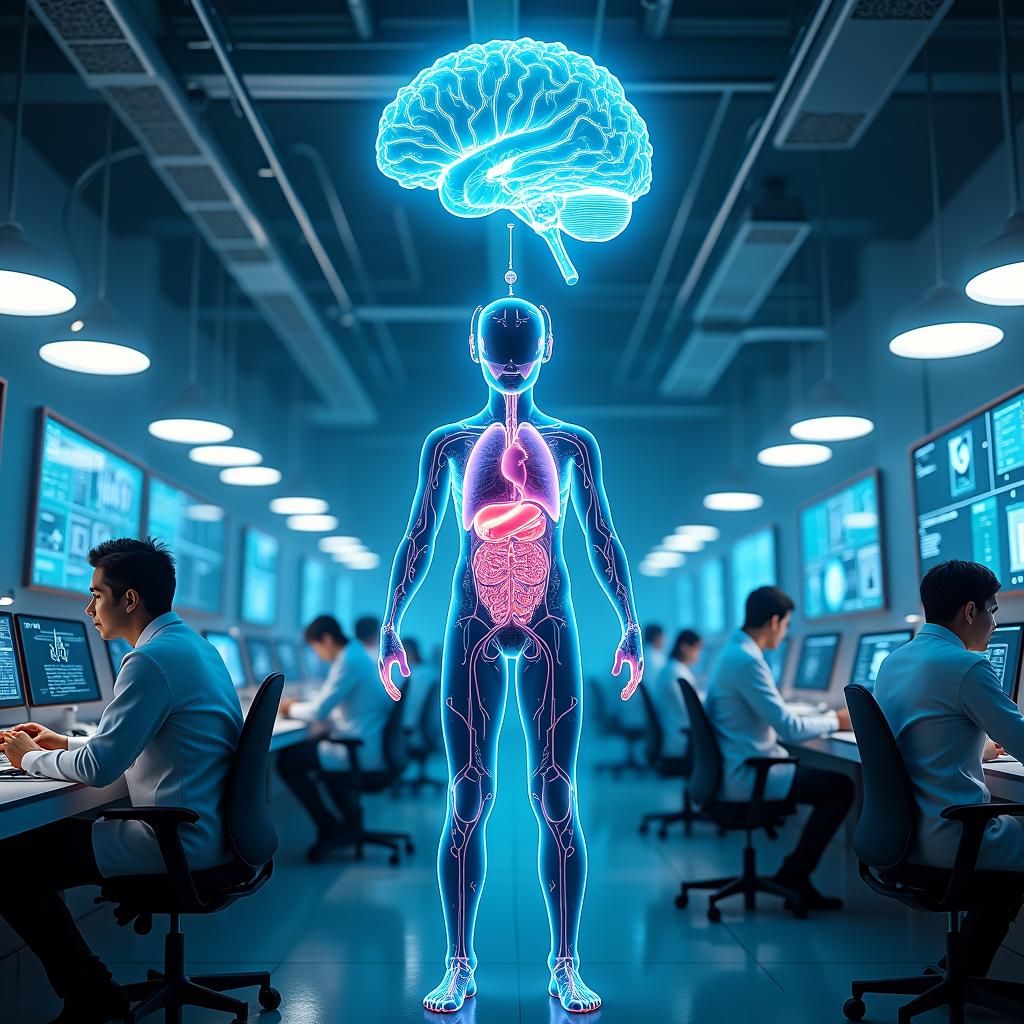 Futuristic Lab with Floating Brain, in Cyberpunk Style