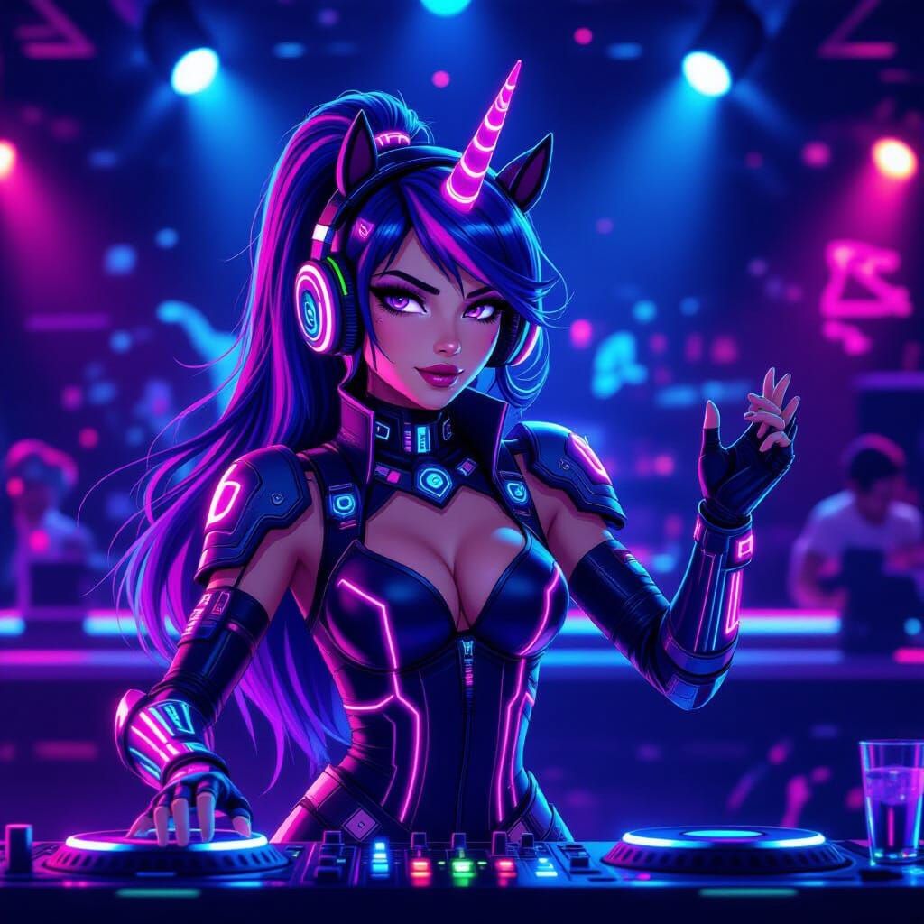 Twilight Sparkle: Cyberpunk DJ in Neon Nightclub