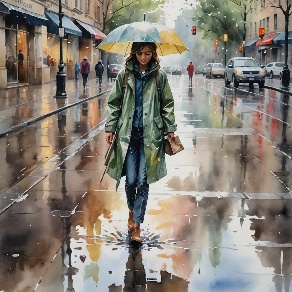 Impressionist Watercolor of Person in Raincoat
