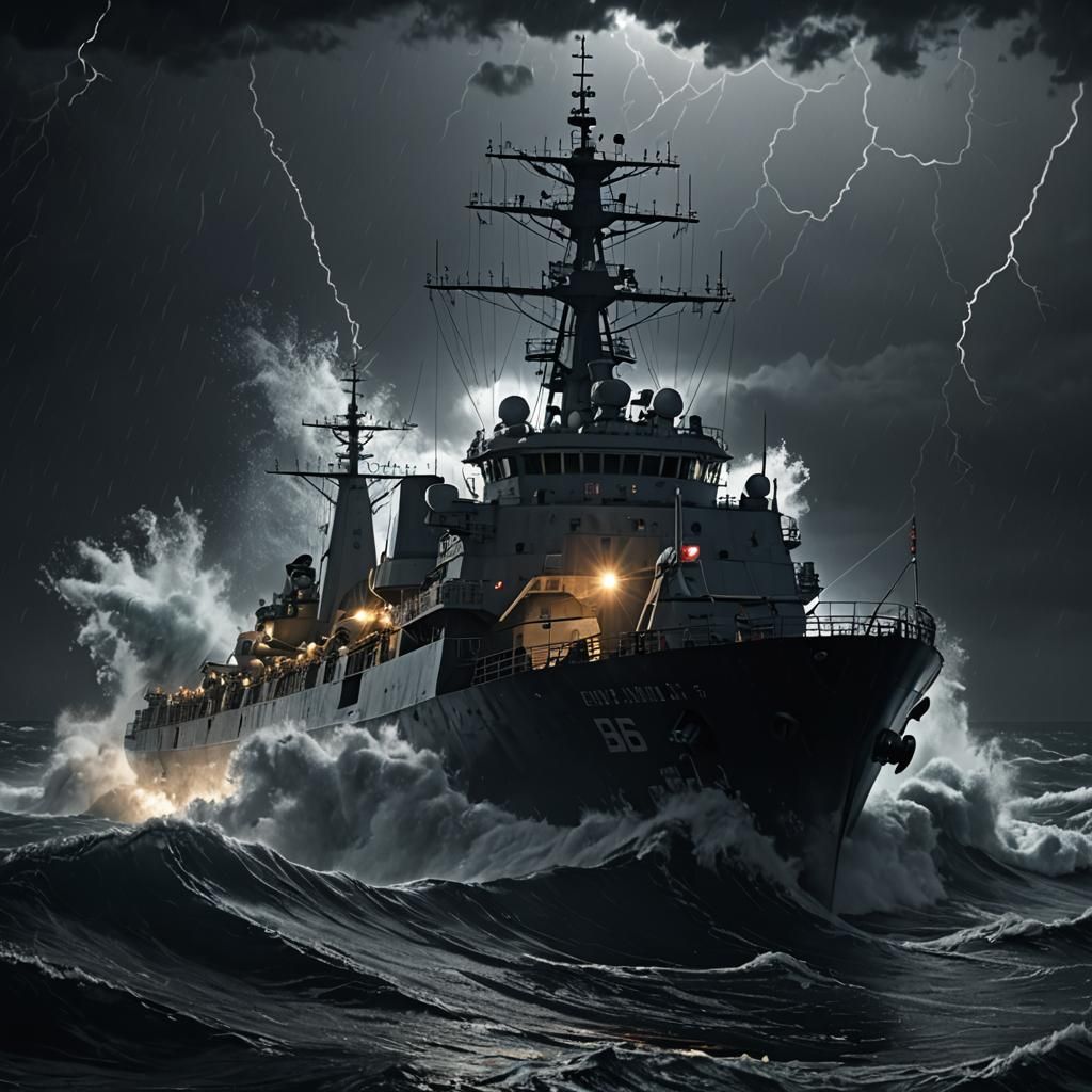 Navy Ship in Lightning Storm, Octane Render