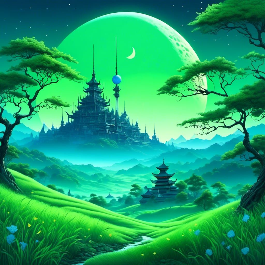 Green Landscape with Blue Moon