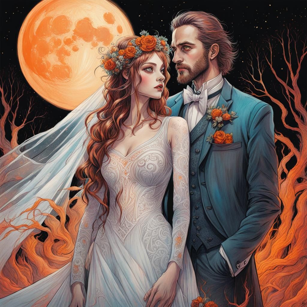 Moonlit Bride and Groom Portrait in Pastel Colors