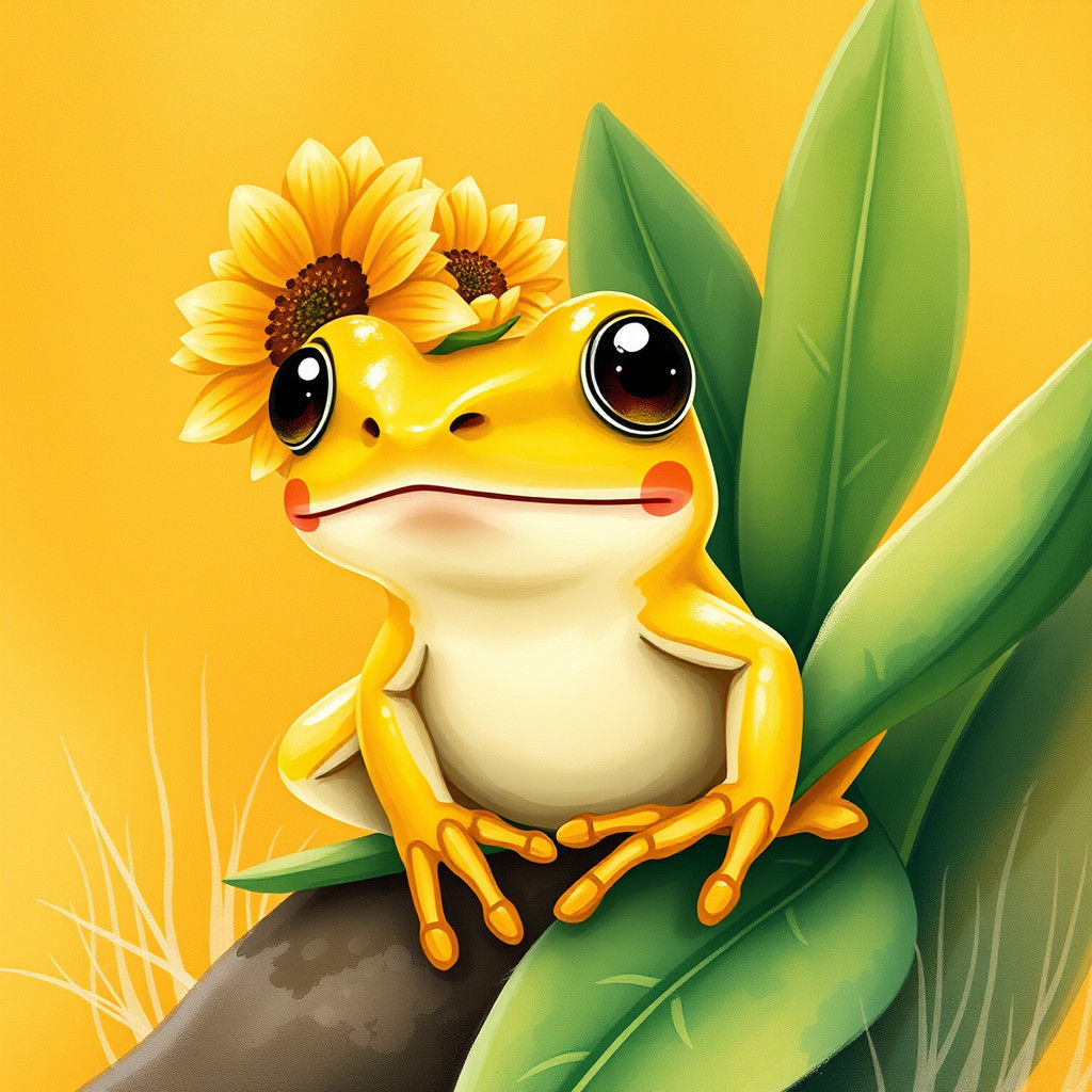 Yellow Frog with Sunflower in Folk Art Style