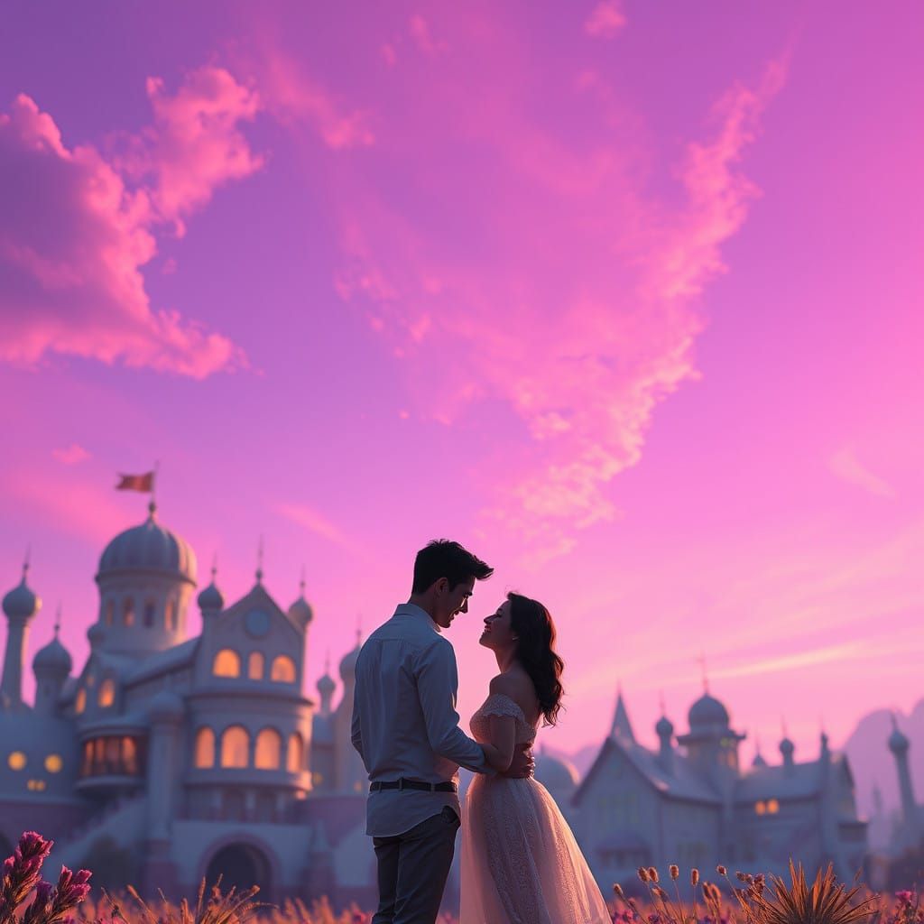 Lovers in Whimsical Futuristic Landscape