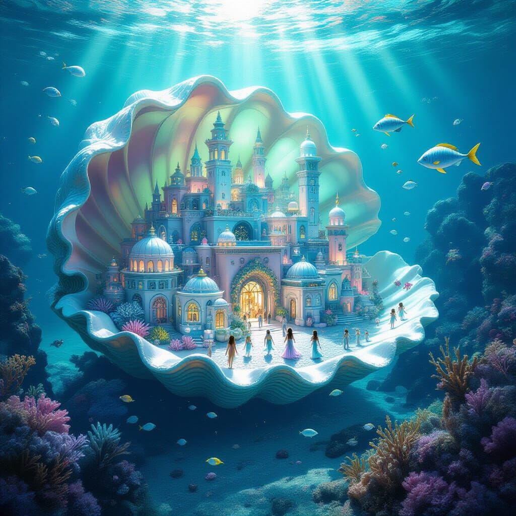 Bustling Underwater City in Seashell, Digital Matte Painting