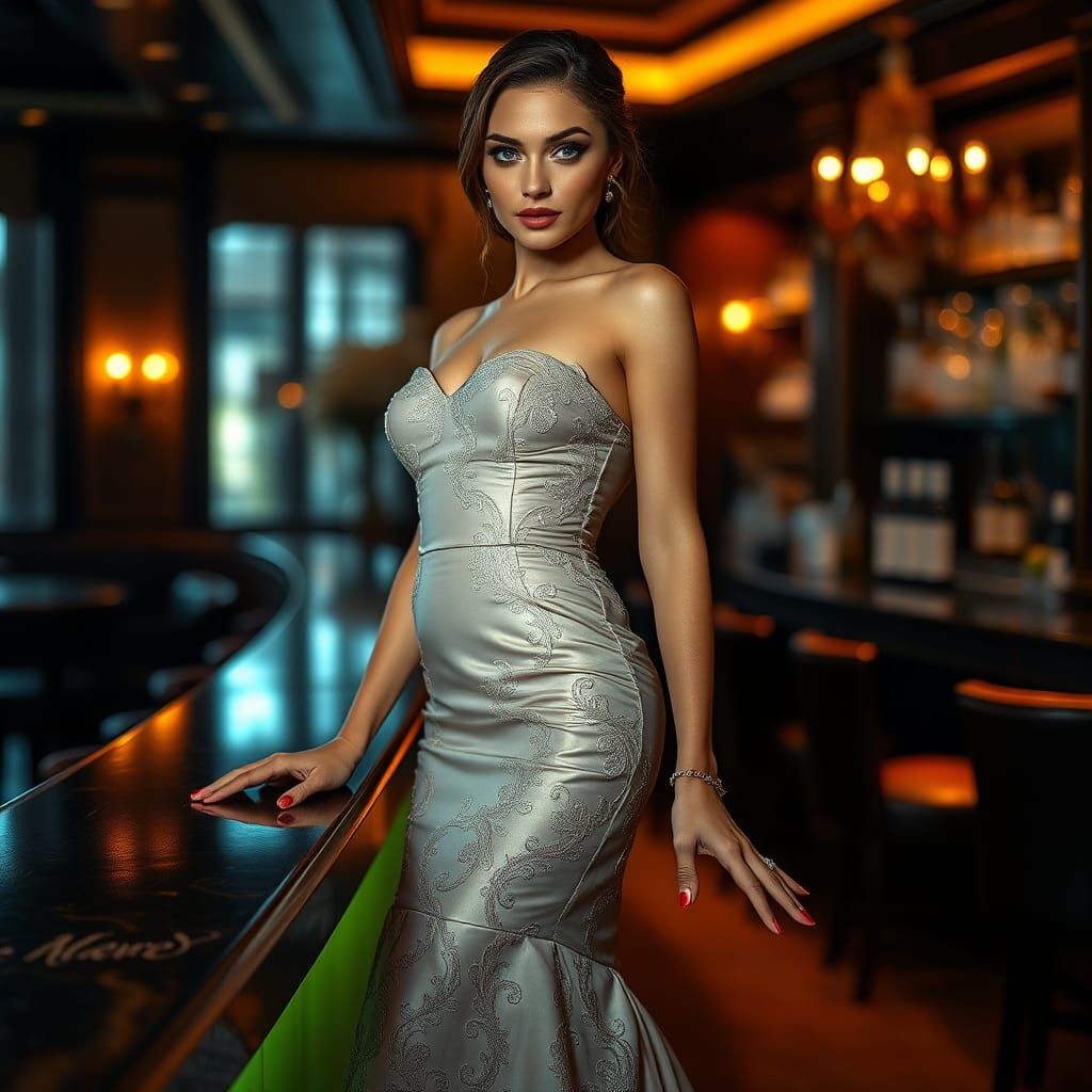 Elegant Woman Posing in Sophisticated Bar Setting