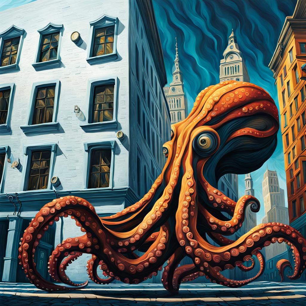 Surreal Octopus Flies Over City in Dreamscape