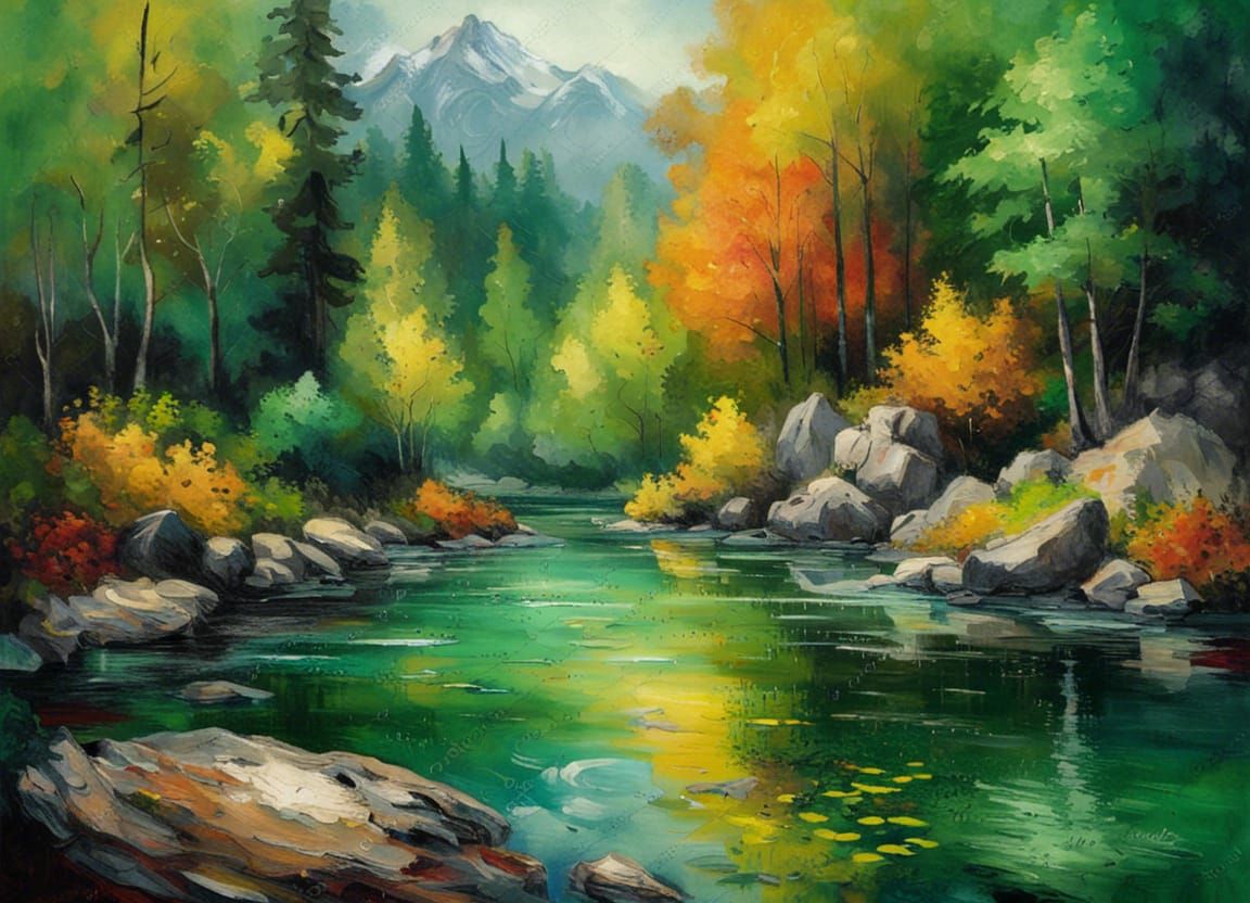 Impressionist Green Lake Mountain Landscape Painting