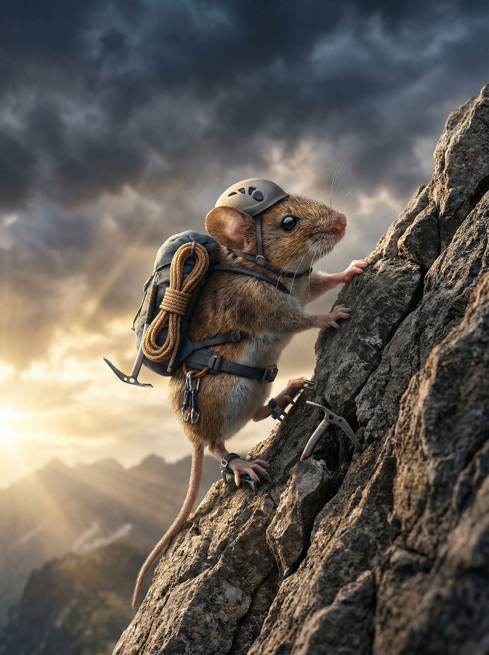 Tiny Mouse Climber in Dramatic Adventure Poster Style