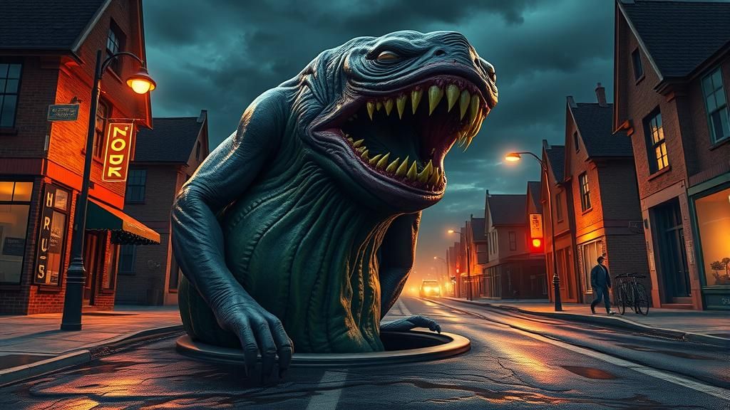 Eldritch Monster Emerges from Sewer: Comic Art Style