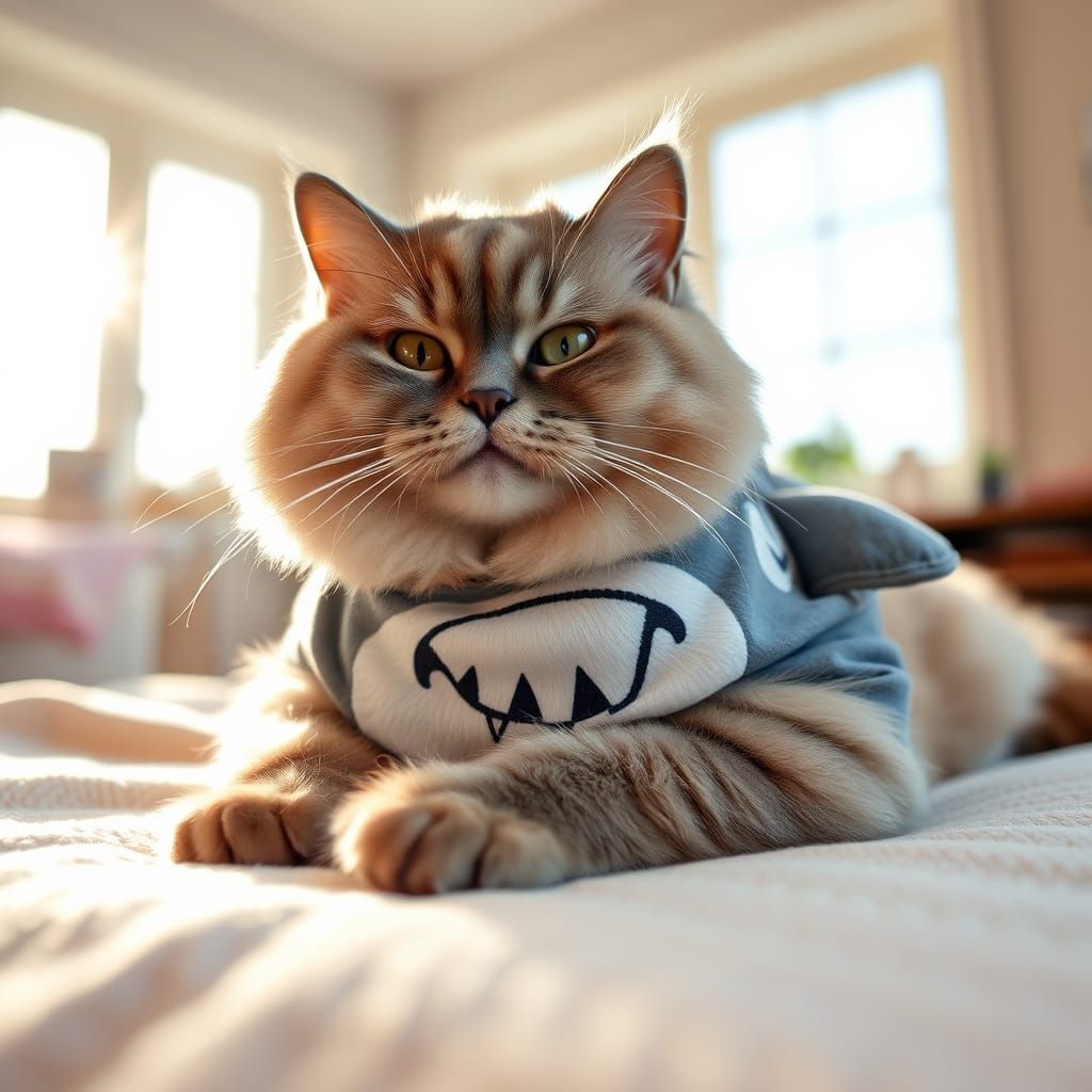 Chubby Feline in Shark Onesie Relaxing on Pastel-Colored Bla...