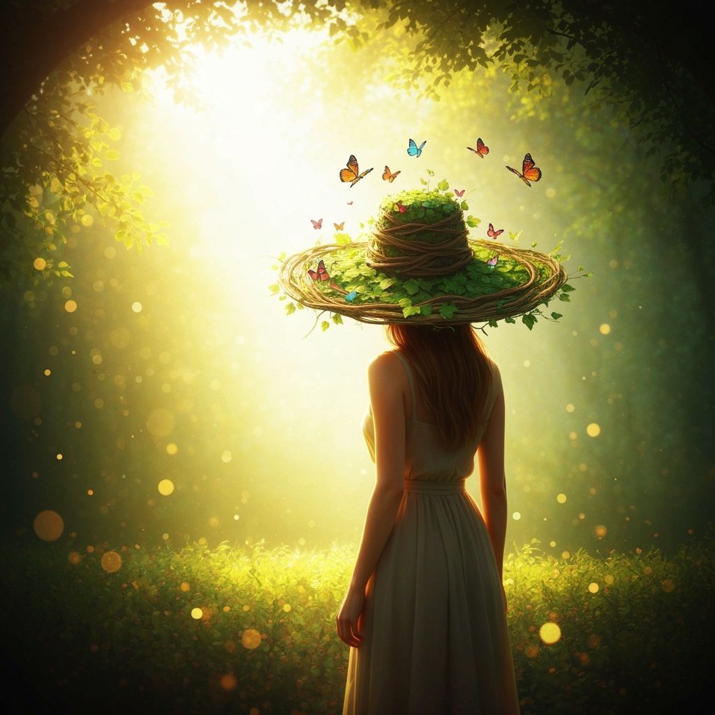 Woman in Sun-Dappled Forest with Vine Hat and Butterflies