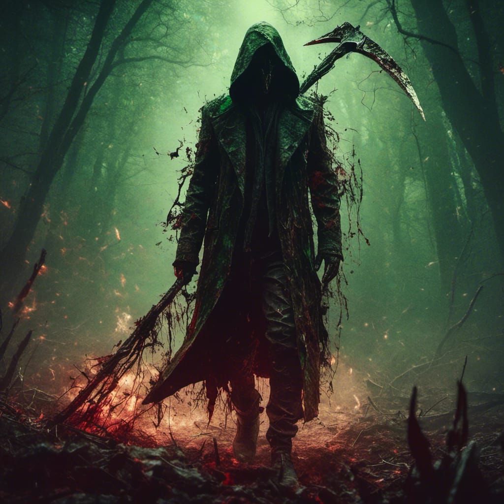 Green Inferno: Scythe-Wielding Reverend in Dark Silhouette