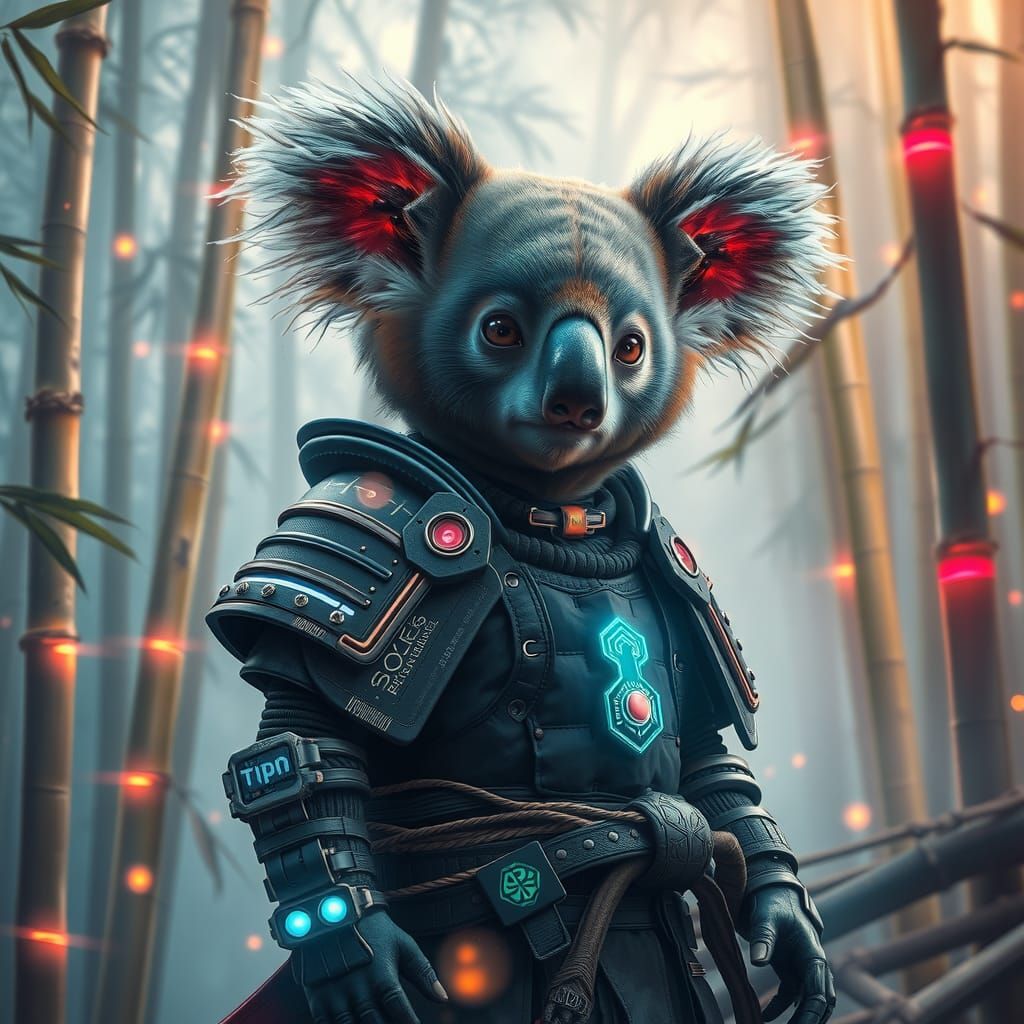 Cyberpunk Koala Samurai in Neon Bamboo Forest