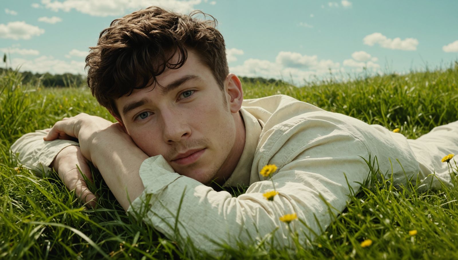 Barry Keoghan laying in the grass