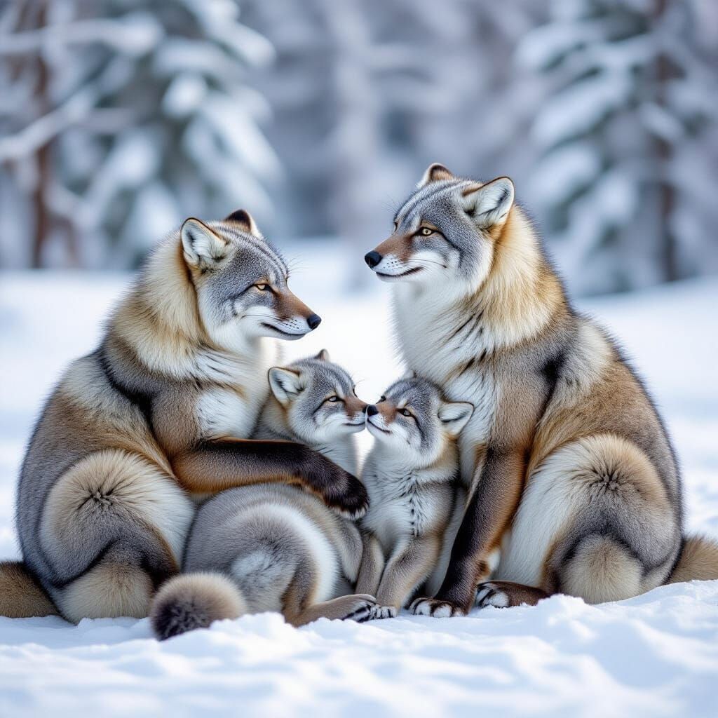 Two Snow Leopards Hugging a Baby Snow Leopard