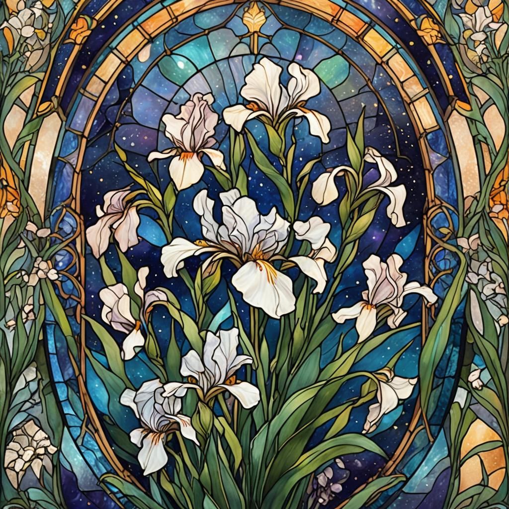Art Nouveau Stained Glass: Iris, Lily, Galaxy