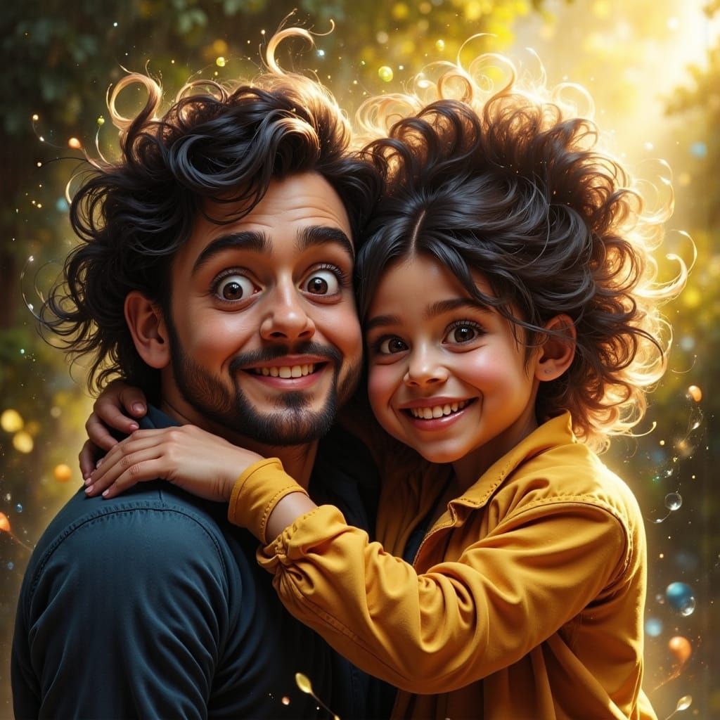 Loving Father Hugs Happy Daughter in Warm Sunlight Scene