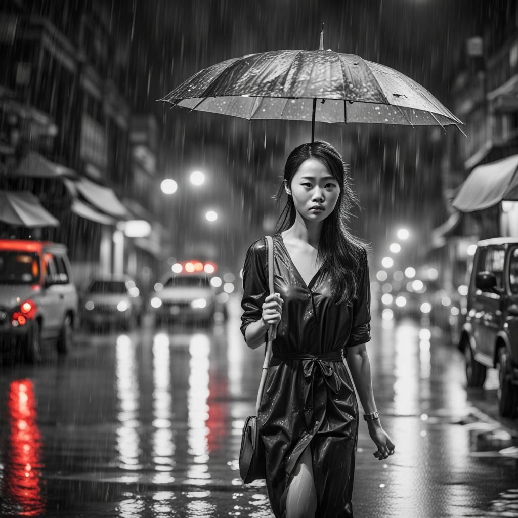 Woman in Saigon Rain: Hyperrealistic Black and White