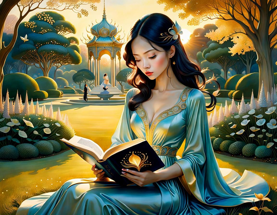 Woman Reading at Sunset: Surreal Whimsical Art