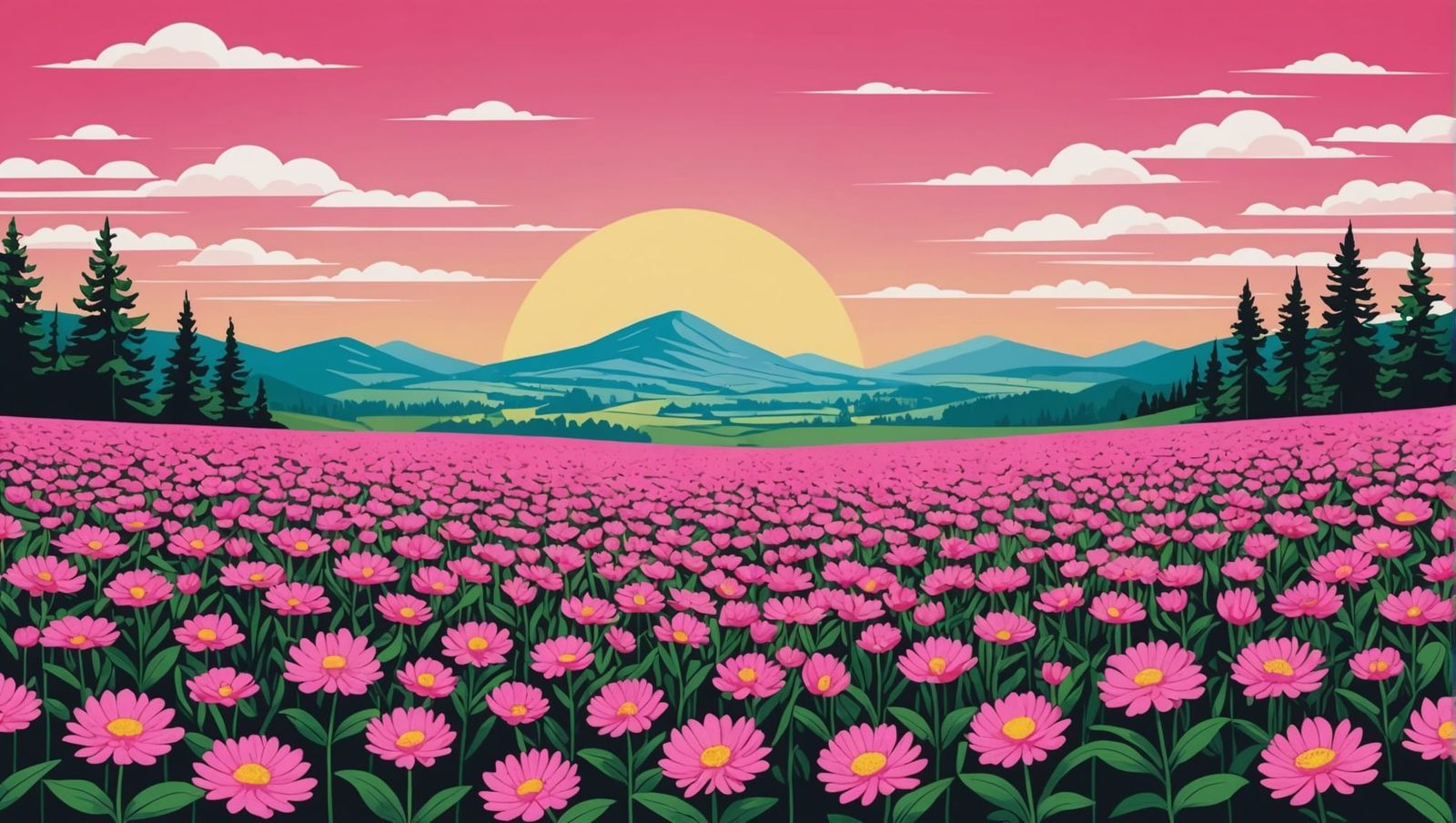 Pink Flower Landscape in Pop Art Style