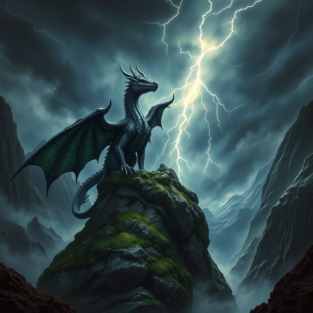 Majestic Black Dragon in a Stormy Night Landscape