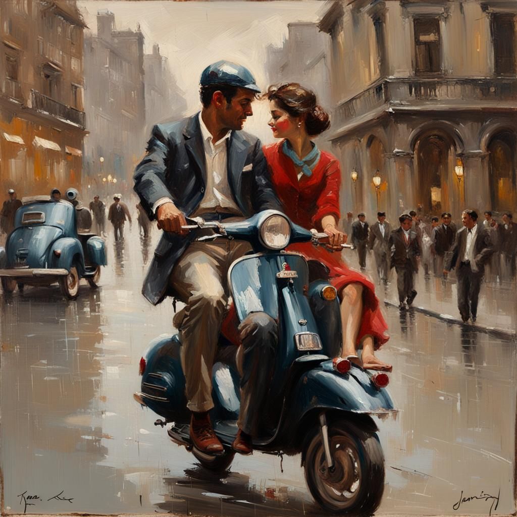 Loving Couple on Vespa, Romantic Realism Painting
