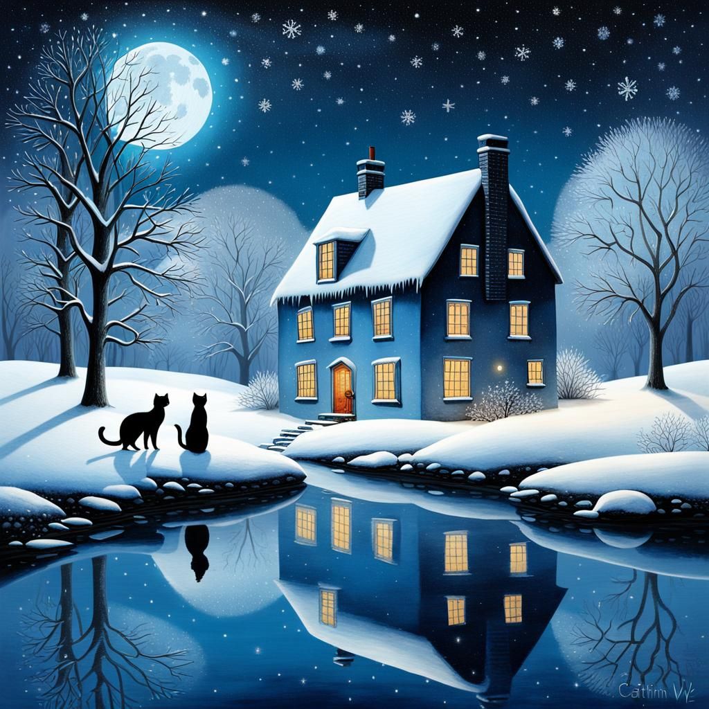 Icy Winter Riverscape in Starry Moonscape