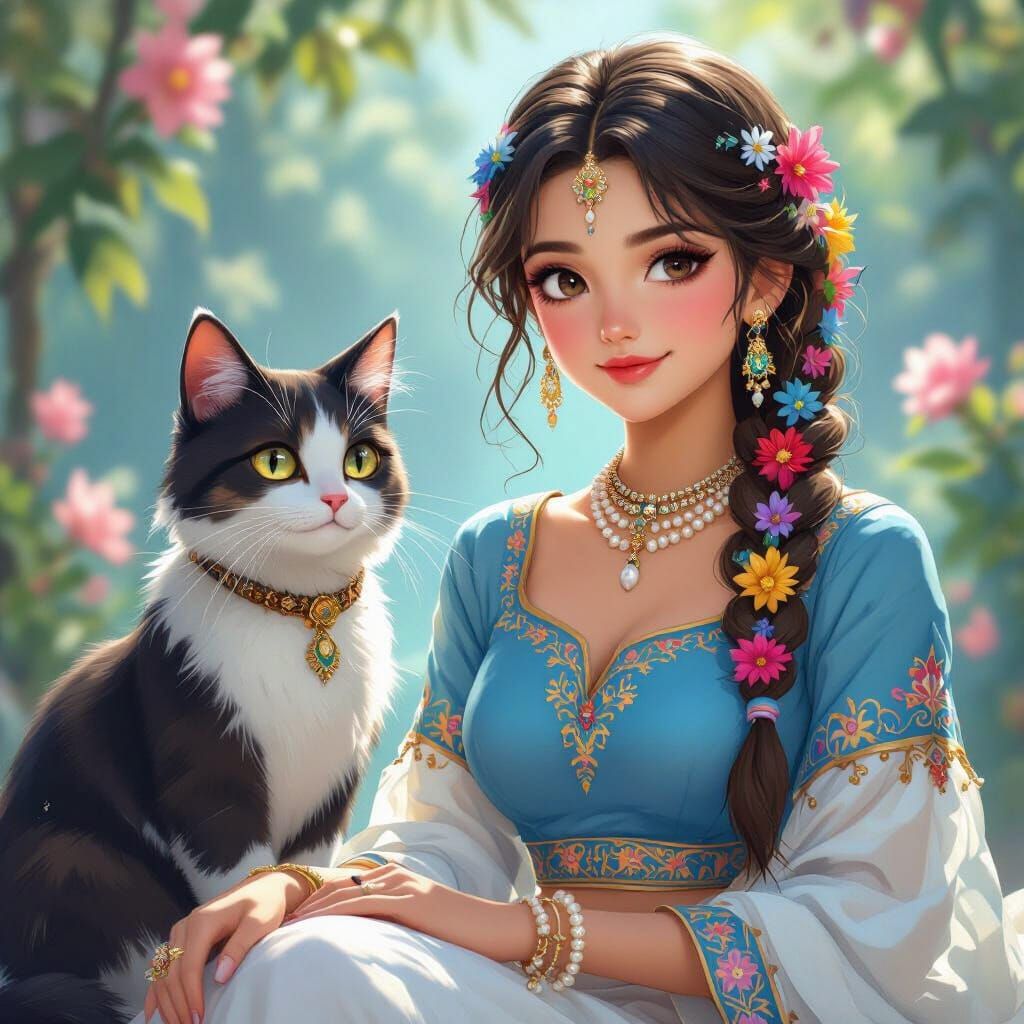 Anime Girl with Cat in Traditional Dress: 3D Render